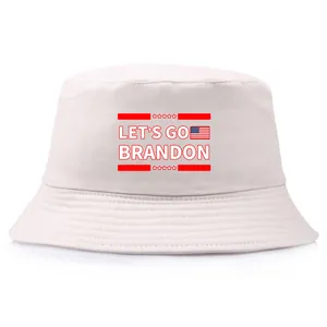 White canvas bucket hat with Let's Go Brandon slogan and American flag design