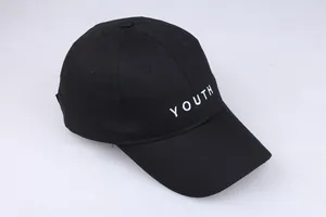 Berretto da baseball nero classico con ricamo YOUTH bianco in cotone a 6 pannelli