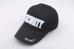 Detail of white SECURITY embroidery on black baseball cap with high quality stitching