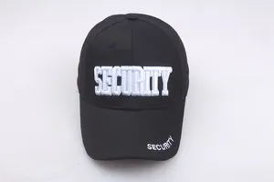 Close-up of white SECURITY embroidery on black cotton baseball cap for security staff