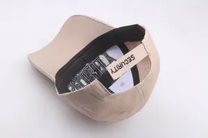 Detail view of khaki baseball cap back with adjustable strap and SECURITY embroidery