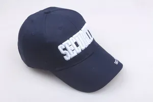 Detailed close-up of white 3D SECURITY embroidery on a navy blue cotton baseball cap