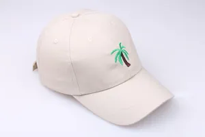 Detail of high-density cotton baseball cap with green palm tree embroidery and metal buckle