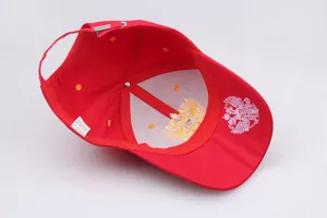 Detailed interior of red cotton baseball cap showing Russian double-headed eagle embroidery