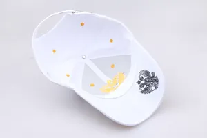 Detailed interior of a white baseball cap with Russian double-headed eagle print on the brim