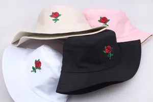 Embroidered rose bucket hats for women in white, black, pink and beige canvas colors