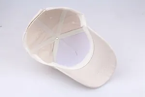 Detail view of cotton baseball cap interior showing six-panel stitching and sweatband