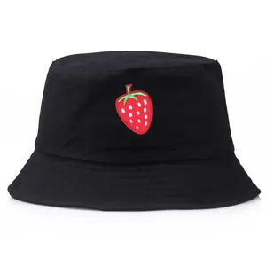 Black cotton bucket hat with strawberry embroidery for sun protection and outdoor casual style