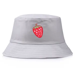 Foldable light gray bucket hat with red strawberry embroidery for sun protection