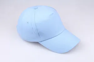 Detailed side view of a light blue five-panel baseball cap with curved brim and stitching