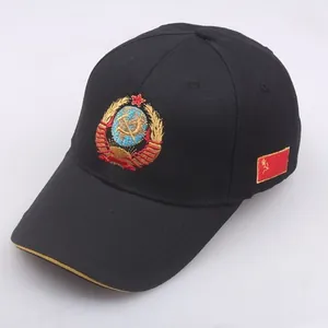 Zwarte CCCP Sovjet vlag honkbalpet met katoenen borduursel en gele rand op de klep