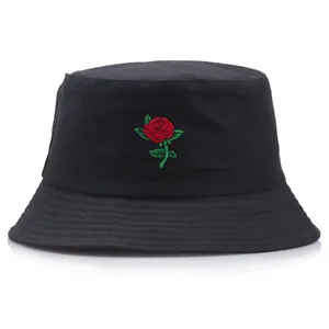 Women Men Rose Embroidery Bucket Hat Cotton Canvas Sun Protection Outdoor Summer Casual Fashion Foldable Fisherman Cap Hat
