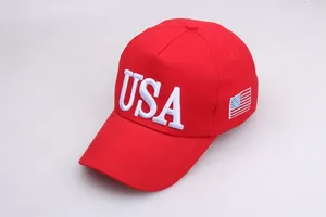 Red USA baseball cap with flag embroidery and sun protection in a classic 45-degree angle view