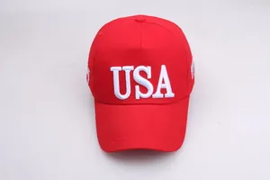 Detail of 3D USA embroidery and American flag on a red cotton sun baseball cap