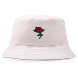Classic beige bucket hat with red rose embroidery for women sun protection