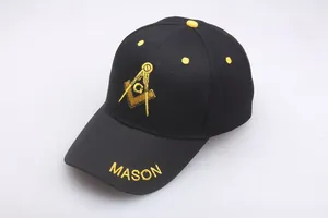 Black cotton Mason baseball cap with gold Freemasonry logo embroidery and yellow eyelets