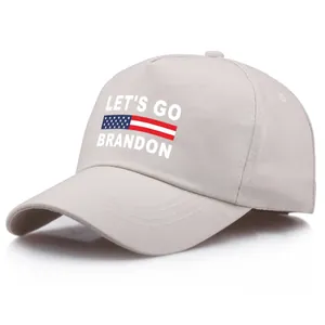 Beige Let's Go Brandon baseball cap featuring American flag graphic design on front