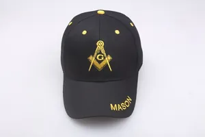 Detailed top view of black cotton baseball cap with yellow Freemason embroidery and Mason text