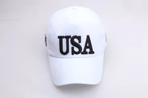 Close-up of white sun hat featuring black USA embroidery and number 45 detail