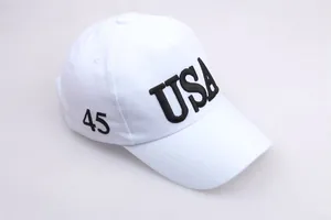 Close-up of white cotton baseball cap with black USA and number 45 embroidery