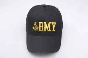 Close-up of Masonic symbol yellow embroidery on black cotton twill baseball cap