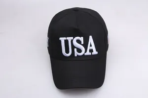Close-up of white 3D USA embroidery on black canvas baseball cap with dense stitching