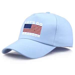 Light blue cotton baseball cap featuring Let's Go Brandon text and US flag graphic