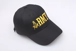 Detailed embroidery of gold army and masonic logo on black cotton baseball cap
