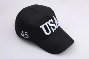 Detailed embroidery of white USA text and number 45 on a black cotton baseball cap