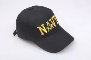 Detailed yellow embroidery of NAVY and Freemason logo on black cotton baseball cap