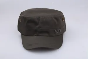 Detail of olive green cotton cadet cap featuring a Sports metal badge and side eyelets