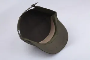 Detail view of cotton military flat top cap with adjustable metal buckle and inner sweatband