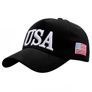 Classic black cotton baseball cap with 3D USA embroidery and side American flag patch