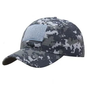 Tactical baseball cap featuring blue digital camouflage pattern and velcro patch area