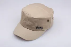 Detailed side view of khaki cotton flat top military cap with metal sports logo tag