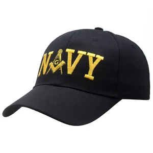 Classic black cotton baseball cap with yellow NAVY embroidery and Freemasonry symbol