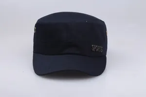 Close-up of navy cotton canvas flat top military cap with metal SPORTS emblem and side eyelets