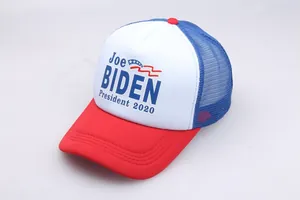Detail of red white and blue Joe Biden 2020 trucker hat with breathable mesh and visor