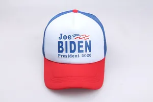 Detail view of Joe Biden 2020 election trucker hat with red brim and blue mesh back