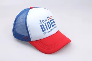 Detail of Joe Biden 2020 campaign trucker hat with red brim and blue breathable mesh