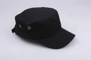 Detail of black cotton cadet cap showing adjustable metal buckle and breathable side vents
