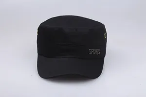 Detail of black cotton flat top army cap featuring metal vents and SPORTS logo