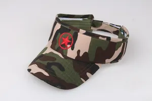 Detail of kids camouflage sun visor featuring red star embroidery and breathable inner band