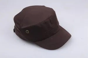 Detailed close-up of dark brown cotton military cap with vintage metal side buckles
