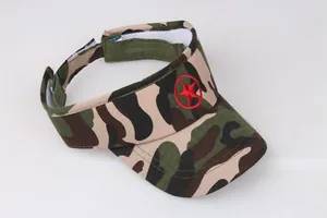 Detail of kids camo visor with red star embroidery and adjustable back strap