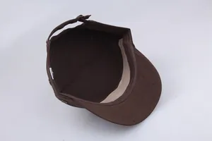 Detail view of the interior lining and sweatband of the brown cotton cadet cap
