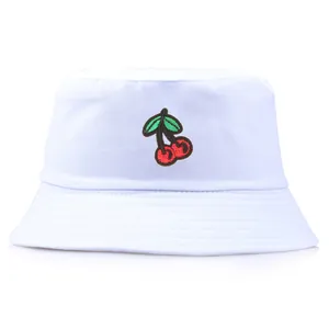 Cotton Canvas Cherry Embroidery Bucket Hat For Men Women Sweet Cute Sun Protection Fisherman Hat Outdoor Travel Sun Cap
