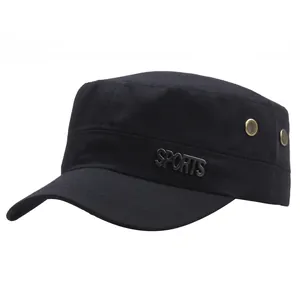 Unisex Cotton Cadet Cap Adjustable Flat Top Military Hat With Sports Metal Label Breathable Eyelets Sunshade Outdoor Hat