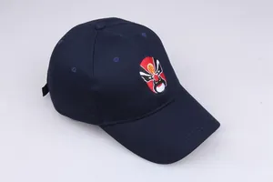 Detail showing high-quality embroidery of a Peking Opera mask on a navy cotton baseball cap
