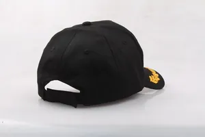Black cotton baseball cap with golden laurel embroidery and adjustable back strap